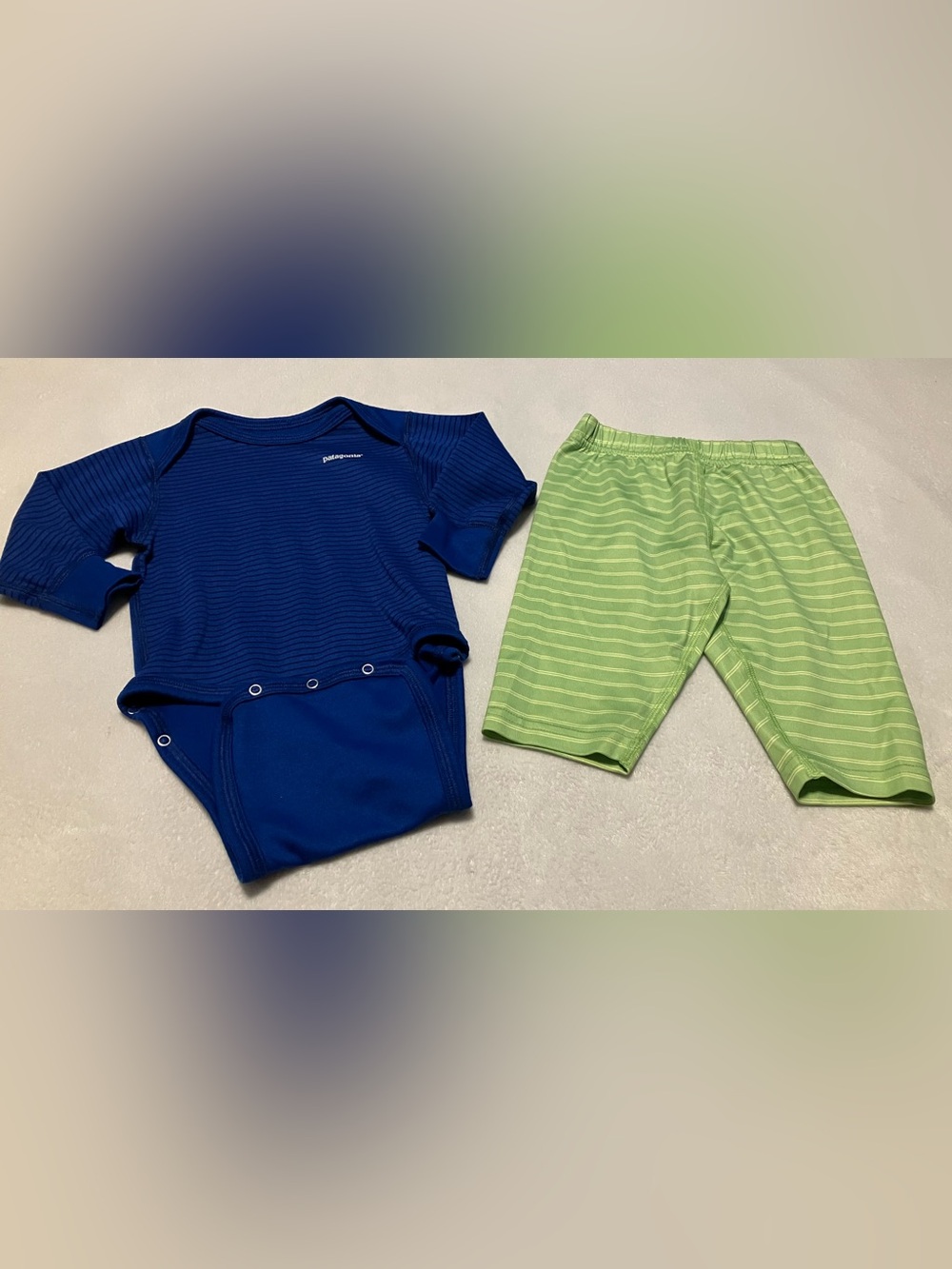 Patagonia Navy Blue Baby Bodysuit & Light Green Striped Pants Set
